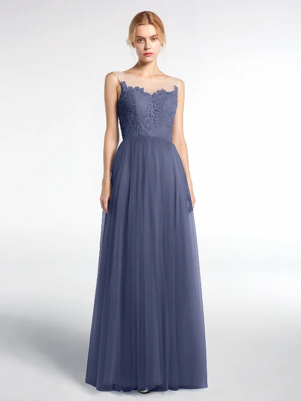 Illusion Neckline Lace and Tulle Maxi Dress-Stormy Elegant Pleated Maxi Dress