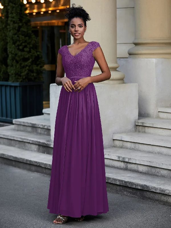 Lace and Chiffon Maxi Dress with Cap Sleeves-Grape Classic Tulle Maxi Dress