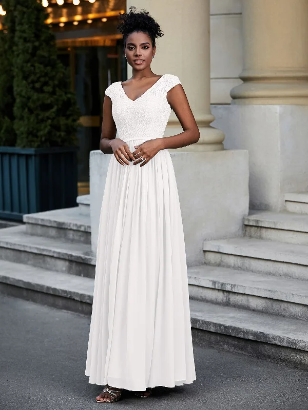 Lace and Chiffon Maxi Dress with Cap Sleeves-Ivory Trendy Maxi Dress with Belt