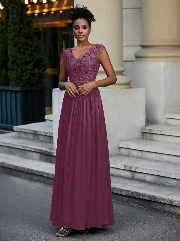 Lace and Chiffon Maxi Dress with Cap Sleeves-Mulberry Stylish Maxi Dress with Frills Lace and Chiffon Maxi Dress with Cap Sleeves-Mulberry Stylish Maxi Dress with Frills