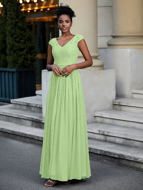 Lace and Chiffon Maxi Dress with Cap Sleeves-Sage Stylish Boho Chic Maxi Dress