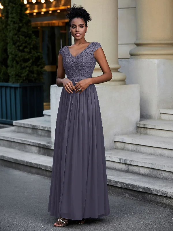Lace and Chiffon Maxi Dress with Cap Sleeves-Stormy Comfortable Maxi Dress with Sleeves Lace and Chiffon Maxi Dress with Cap Sleeves-Stormy Comfortable Maxi Dress with Sleeves