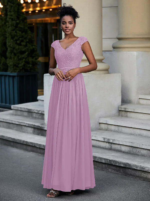 Lace and Chiffon Maxi Dress with Cap Sleeves-Wisteria Cozy Open-Back Maxi Dress