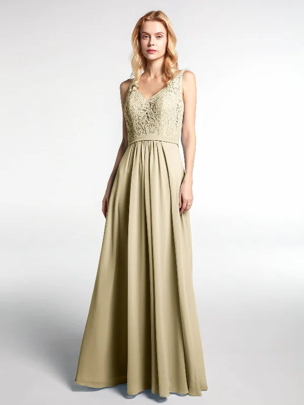 Lace Bodice Chiffon Skirt Maxi Dress with V-neck-Champagne Comfortable Plunging Neckline Maxi Dress Lace Bodice Chiffon Skirt Maxi Dress with V-neck-Champagne Comfortable Plunging Neckline Maxi Dress
