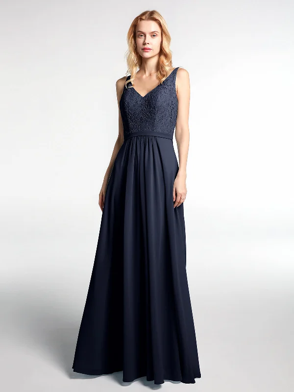 Lace Bodice Chiffon Skirt Maxi Dress with V-neck-Dark Navy Cozy Spaghetti Strap Maxi Dress Lace Bodice Chiffon Skirt Maxi Dress with V-neck-Dark Navy Cozy Spaghetti Strap Maxi Dress