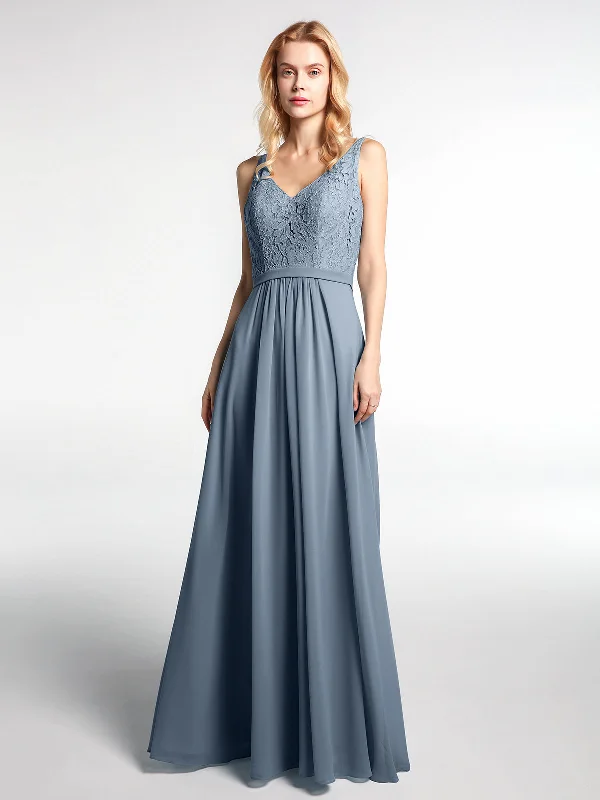 Lace Bodice Chiffon Skirt Maxi Dress with V-neck-Dusty Blue Fashionable Faux Wrap Maxi Dress Lace Bodice Chiffon Skirt Maxi Dress with V-neck-Dusty Blue Fashionable Faux Wrap Maxi Dress