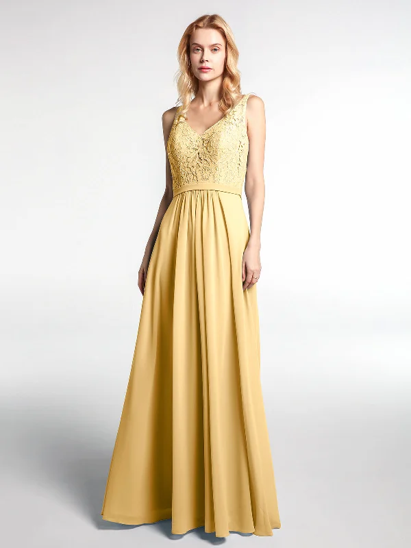 Lace Bodice Chiffon Skirt Maxi Dress with V-neck-Gold Comfortable Cotton Maxi Dress
