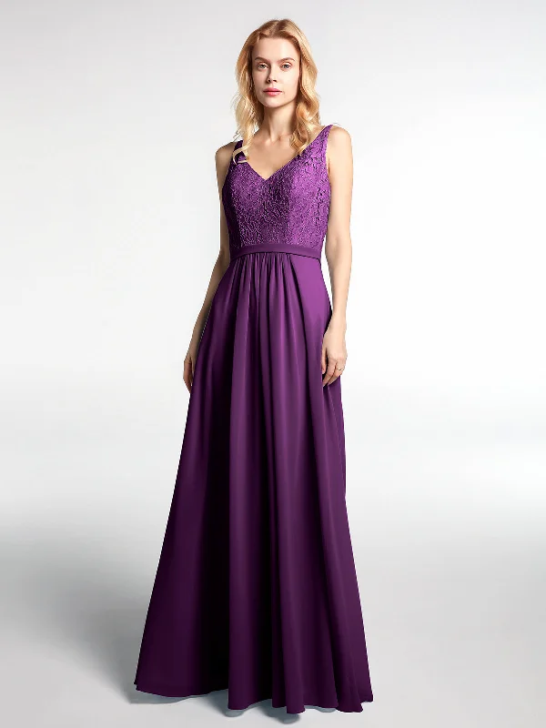 Lace Bodice Chiffon Skirt Maxi Dress with V-neck-Grape Elegant Tiered Maxi Dress
