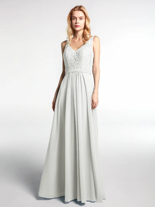 Lace Bodice Chiffon Skirt Maxi Dress with V-neck-Ivory Elegant Wraparound Maxi Dress