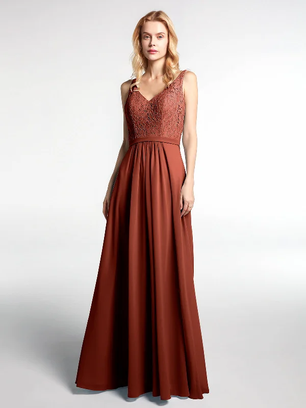 Lace Bodice Chiffon Skirt Maxi Dress with V-neck-Rust Elegant Lace Maxi Dress