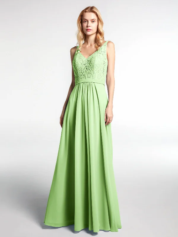 Lace Bodice Chiffon Skirt Maxi Dress with V-neck-Sage Stylish Maxi Dress with Frills Lace Bodice Chiffon Skirt Maxi Dress with V-neck-Sage Stylish Maxi Dress with Frills