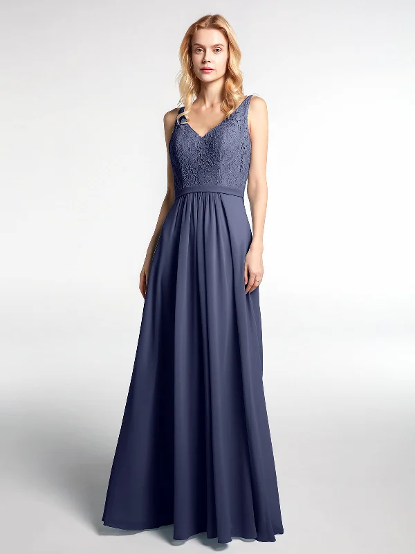Lace Bodice Chiffon Skirt Maxi Dress with V-neck-Stormy Elegant Maxi Dress with Drapes Lace Bodice Chiffon Skirt Maxi Dress with V-neck-Stormy Elegant Maxi Dress with Drapes