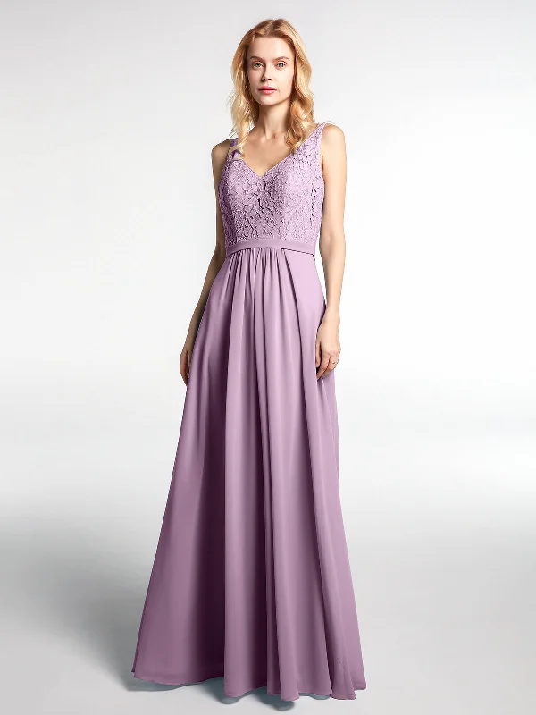 Lace Bodice Chiffon Skirt Maxi Dress with V-neck-Wisteria Trendy Maxi Dress with Belt Lace Bodice Chiffon Skirt Maxi Dress with V-neck-Wisteria Trendy Maxi Dress with Belt