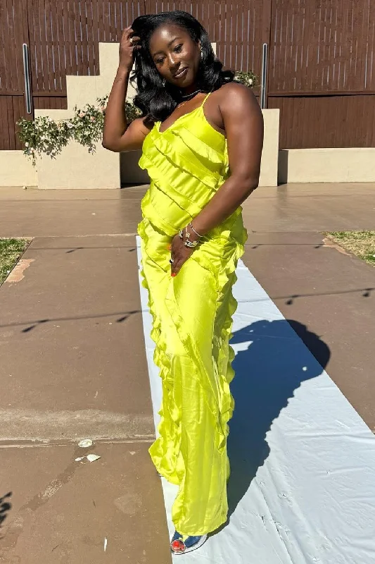 Lime Green V-Neck Spaghetti Strap Ruffle Maxi Dress Fashionable Printed Maxi Dress