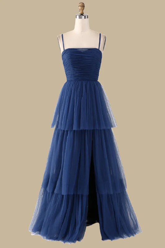 Navy Blue Spaghetti Strap Tiered Maxi Dress with Slit Comfortable Cotton Maxi Dress