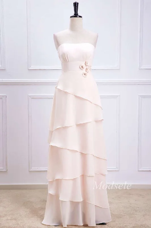 Oat Strapless Multi-Layer Maxi Dress with Handmade Flowers Elegant Pleated Maxi Dress Oat Strapless Multi-Layer Maxi Dress with Handmade Flowers Elegant Pleated Maxi Dress