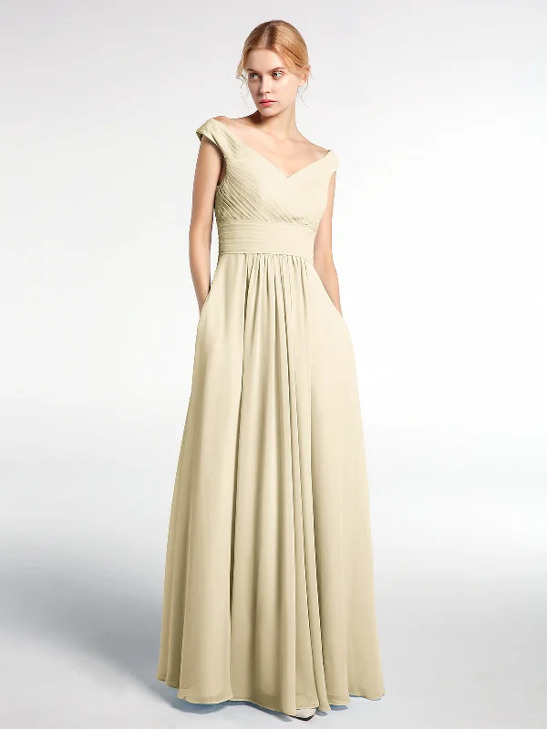 Off shoulder V-neck Maxi Dress with Pockets-Champagne Elegant Maxi Dress with Belt