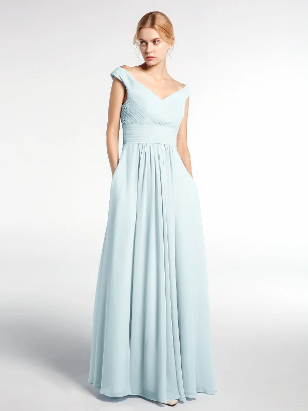 Off shoulder V-neck Maxi Dress with Pockets-Mist Elegant Maxi Dress with Drapes