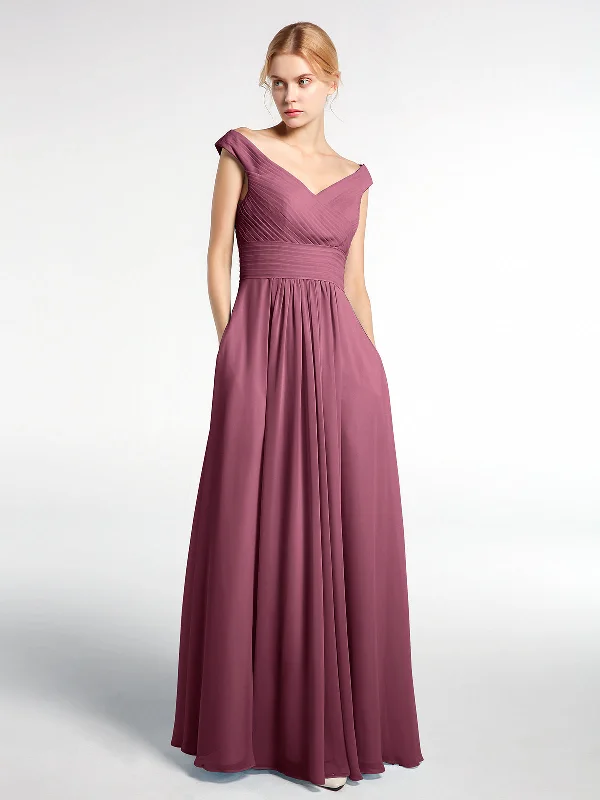 Off shoulder V-neck Maxi Dress with Pockets-Mulberry Comfortable Flowy Maxi Dress