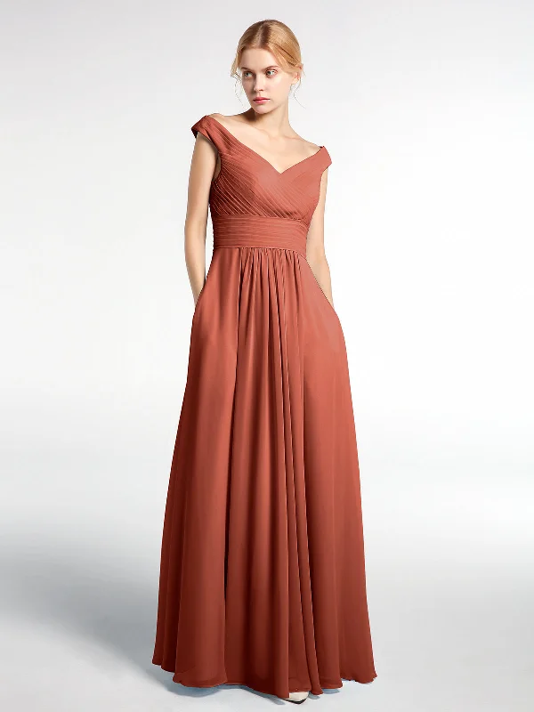 Off shoulder V-neck Maxi Dress with Pockets-Rust Stylish A-Line Maxi Dress