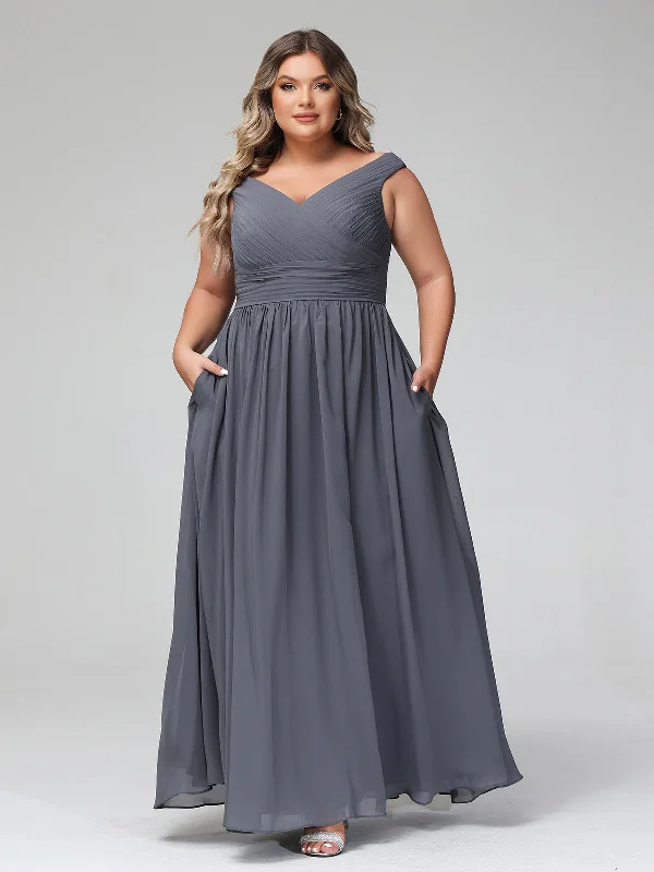 Off shoulder V-neck Maxi Dress with Pockets-Steel Grey Cozy Maxi Dress with Slit