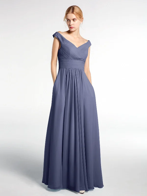 Off shoulder V-neck Maxi Dress with Pockets-Stormy Chic Summer Maxi Dress