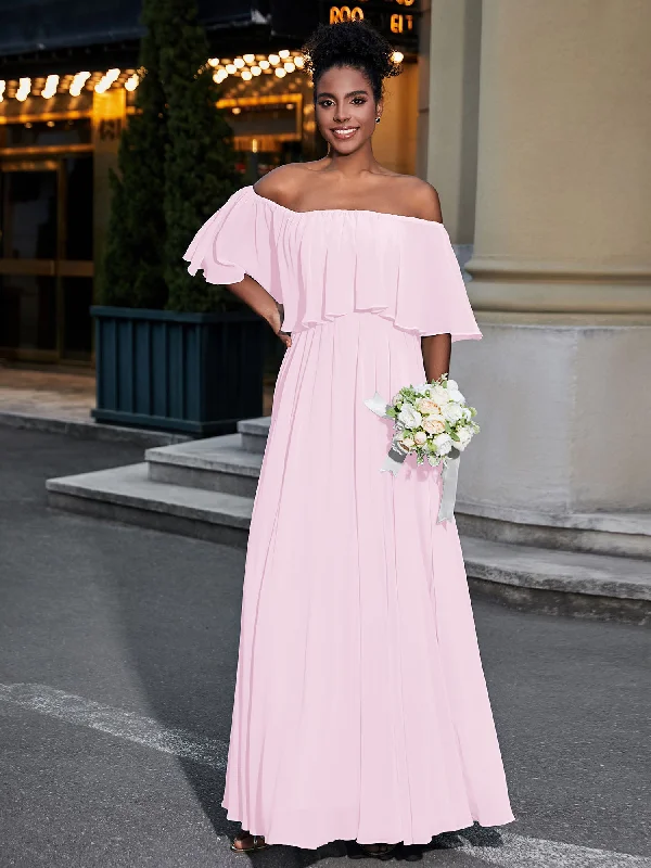 Off the Shoulder Ruffles Chiffon Maxi Dress-Blushing Pink Fashionable High-Waist Maxi Dress Off the Shoulder Ruffles Chiffon Maxi Dress-Blushing Pink Fashionable High-Waist Maxi Dress