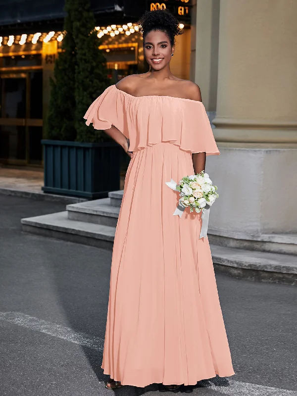 Off the Shoulder Ruffles Chiffon Maxi Dress-Coral Fashionable Off-Shoulder Maxi Dress