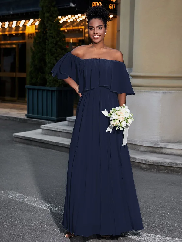 Off the Shoulder Ruffles Chiffon Maxi Dress-Dark Navy Fashionable High-Low Maxi Dress Off the Shoulder Ruffles Chiffon Maxi Dress-Dark Navy Fashionable High-Low Maxi Dress