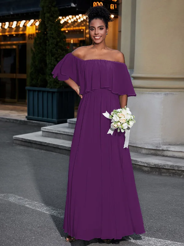 Off the Shoulder Ruffles Chiffon Maxi Dress-Grape Trendy Floral Print Maxi Dress