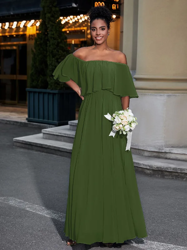 Off the Shoulder Ruffles Chiffon Maxi Dress-Moss Trendy Maxi Dress with Lace