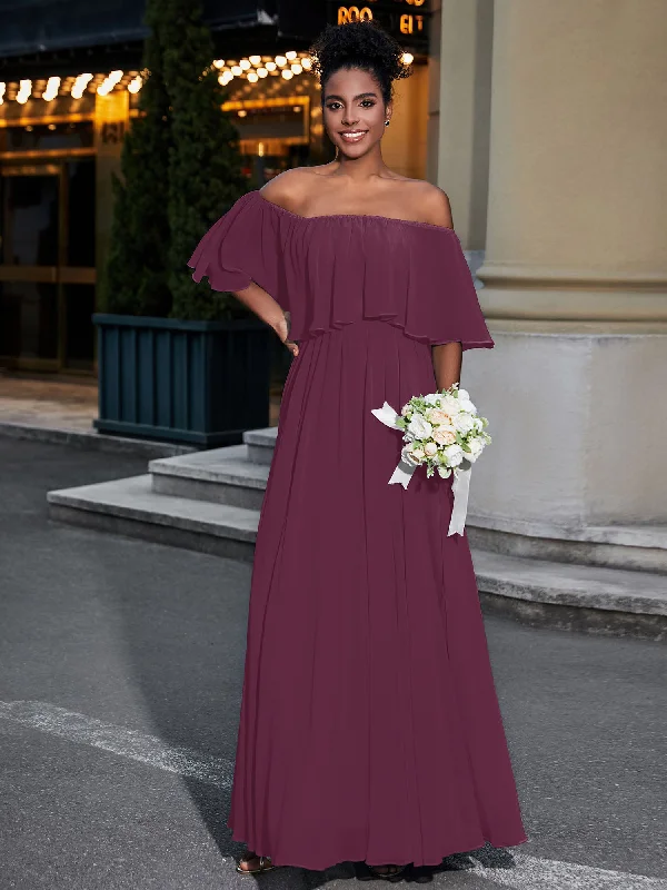Off the Shoulder Ruffles Chiffon Maxi Dress-Mulberry Comfortable Maxi Dress with Slits Off the Shoulder Ruffles Chiffon Maxi Dress-Mulberry Comfortable Maxi Dress with Slits