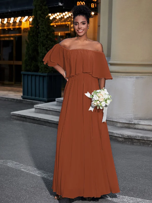 Off the Shoulder Ruffles Chiffon Maxi Dress-Rust Stylish Pleated A-Line Maxi Dress