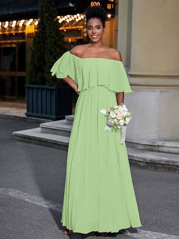 Off the Shoulder Ruffles Chiffon Maxi Dress-Sage Cozy Longline Maxi Dress