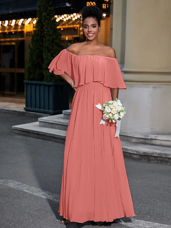 Off the Shoulder Ruffles Chiffon Maxi Dress-Sunset Elegant Maxi Dress with Slit