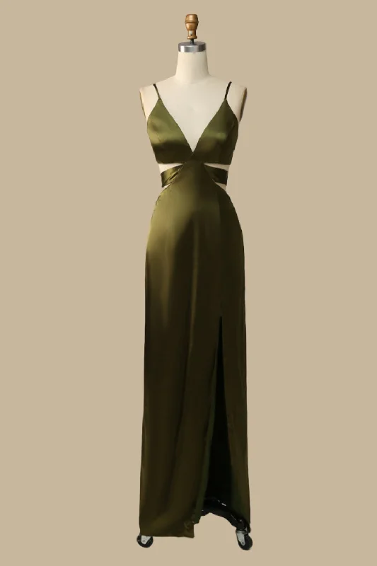Olive Green V-Neck Cutout Maxi Dress with Spaghetti Straps Stylish Maxi Dress with Pleats Olive Green V-Neck Cutout Maxi Dress with Spaghetti Straps Stylish Maxi Dress with Pleats
