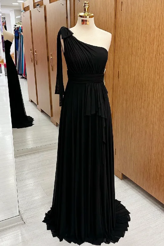 One-Shoulder A-Line Chiffon Maxi Dress in Black Chic Summer Maxi Dress
