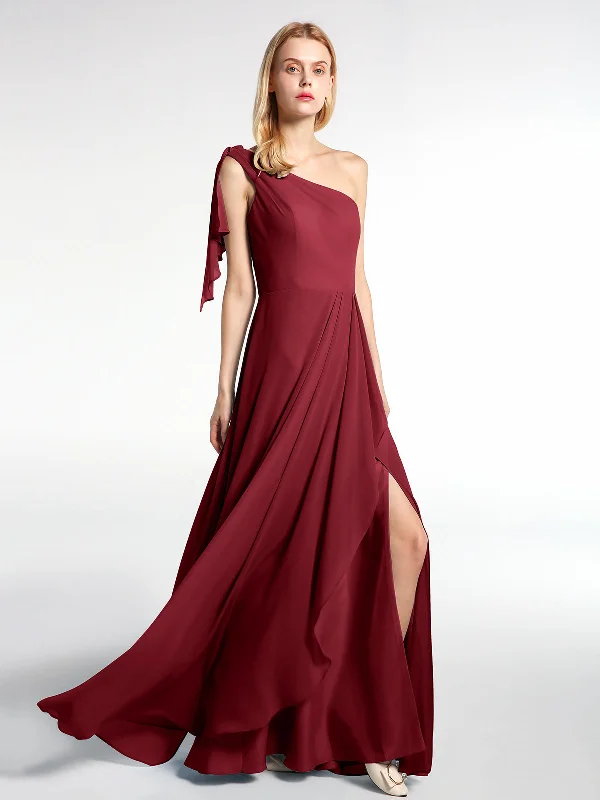 One Shoulder Chiffon Maxi Dress with Cascade-Burgundy Comfortable Maxi Dress with Belt One Shoulder Chiffon Maxi Dress with Cascade-Burgundy Comfortable Maxi Dress with Belt
