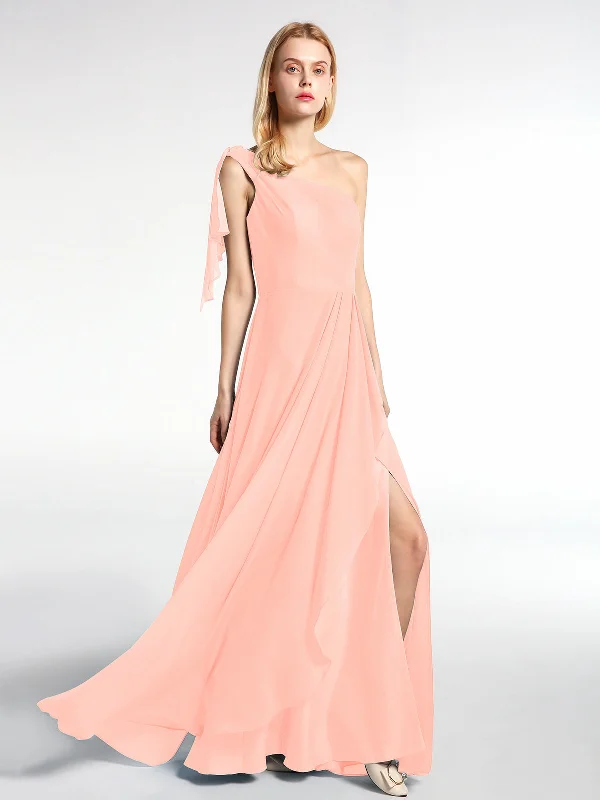 One Shoulder Chiffon Maxi Dress with Cascade-Coral Stylish Long Sleeve Maxi Dress