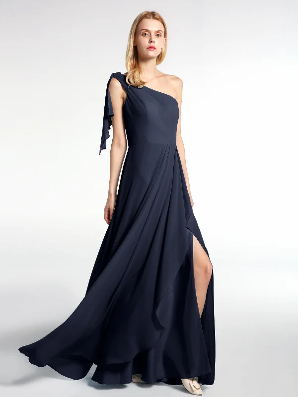 One Shoulder Chiffon Maxi Dress with Cascade-Dark Navy Cozy Maxi Dress with Slit
