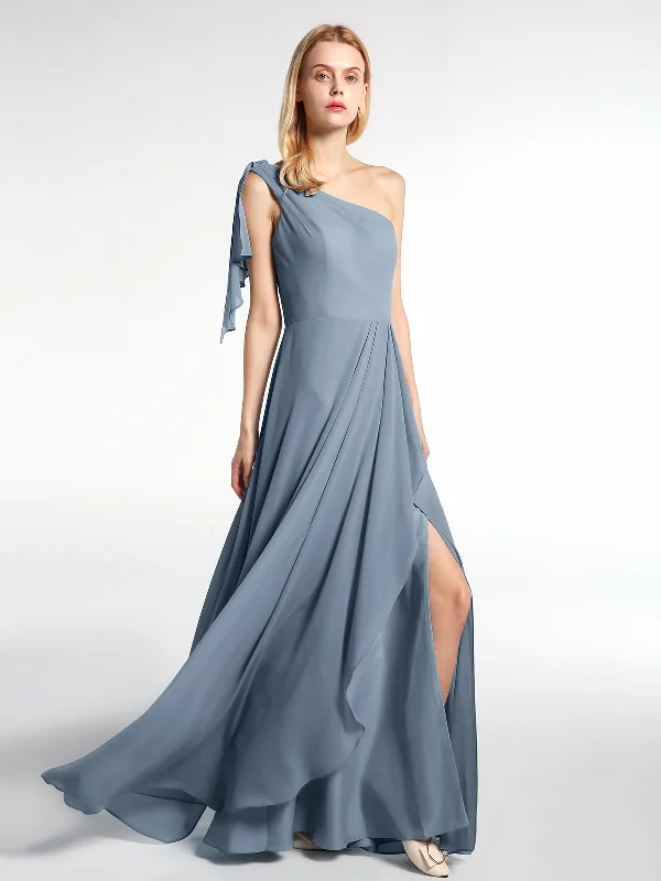 One Shoulder Chiffon Maxi Dress with Cascade-Dusty Blue Elegant Maxi Dress with Belt One Shoulder Chiffon Maxi Dress with Cascade-Dusty Blue Elegant Maxi Dress with Belt