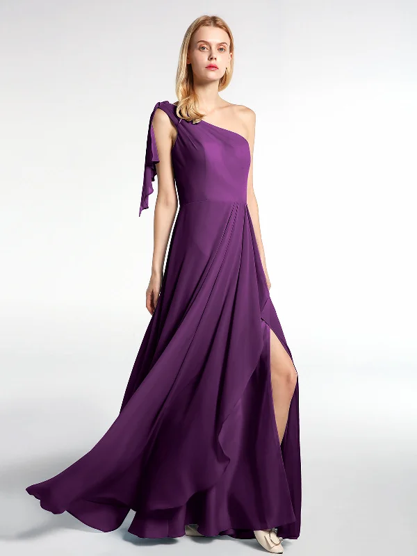 One Shoulder Chiffon Maxi Dress with Cascade-Grape Trendy Printed Maxi Dress