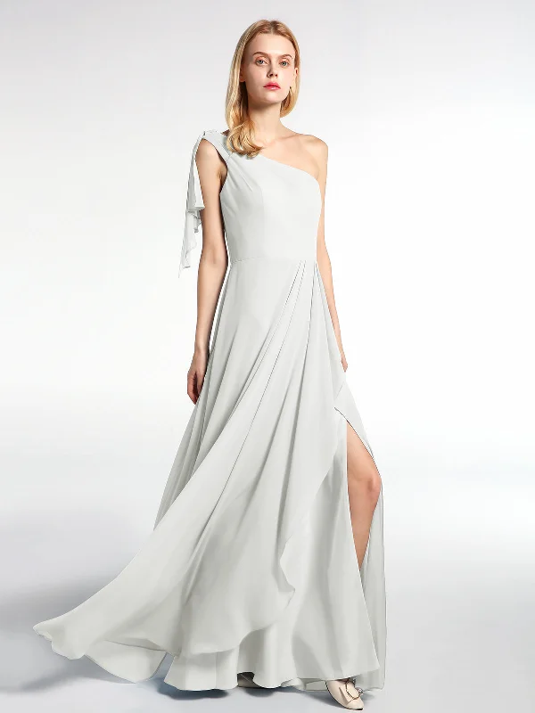 One Shoulder Chiffon Maxi Dress with Cascade-Ivory Elegant Maxi Dress with Ruffles