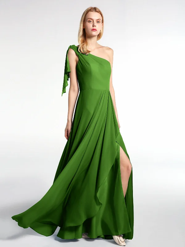 One Shoulder Chiffon Maxi Dress with Cascade-Moss Trendy Floral Print Maxi Dress