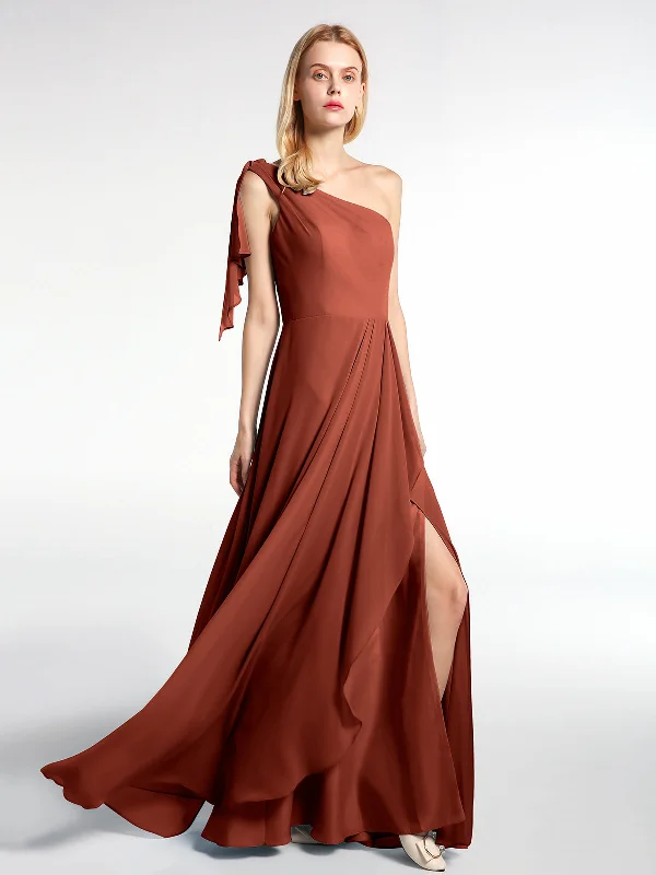 One Shoulder Chiffon Maxi Dress with Cascade-Rust Cozy Cold-Shoulder Maxi Dress
