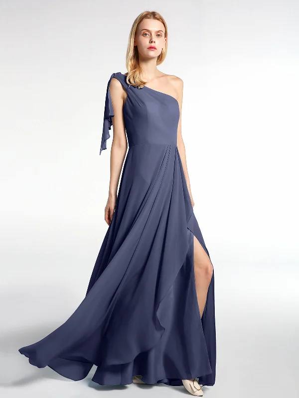 One Shoulder Chiffon Maxi Dress with Cascade-Stormy Trendy Satin Maxi Dress