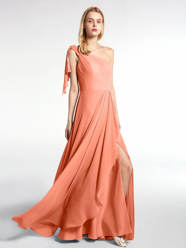 One Shoulder Chiffon Maxi Dress with Cascade-Sunset Fashionable Layered Maxi Dress