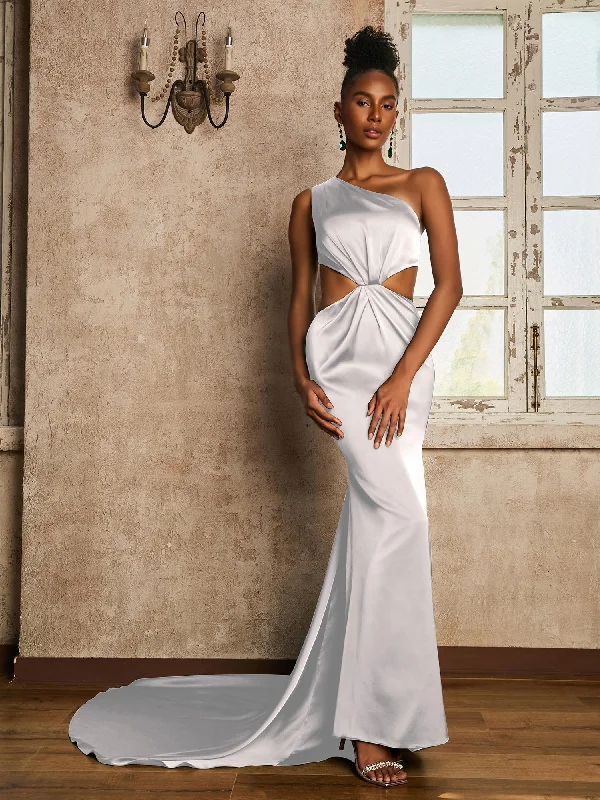 One Shoulder Ruched Waist Cut-Out Maxi Dress Ivory Trendy A-Line Maxi Dress