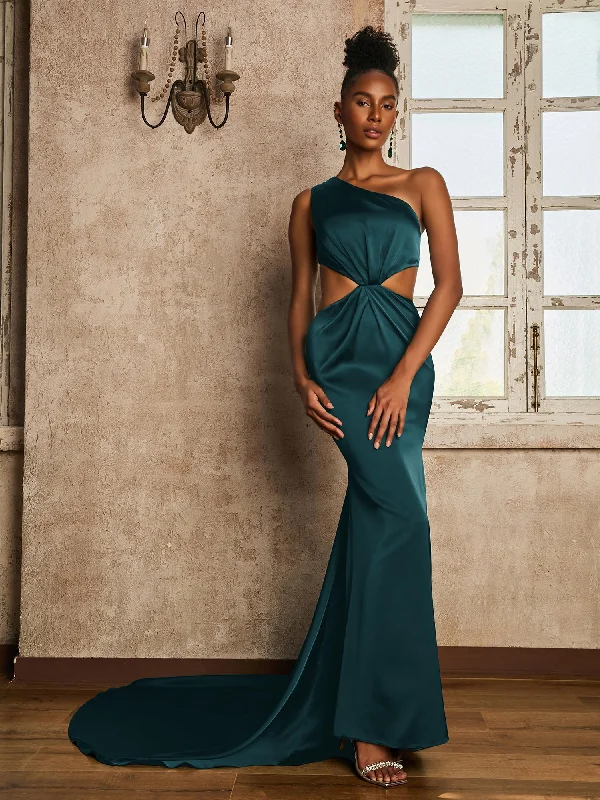 One Shoulder Ruched Waist Cut-Out Maxi Dress Peacock Chic Off-Shoulder Maxi Dress