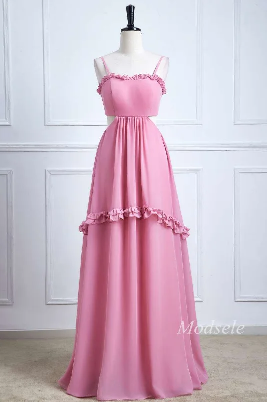 Pink Spaghetti Strap Bow-Back Ruffle Maxi Dress Classic Tulle Maxi Dress